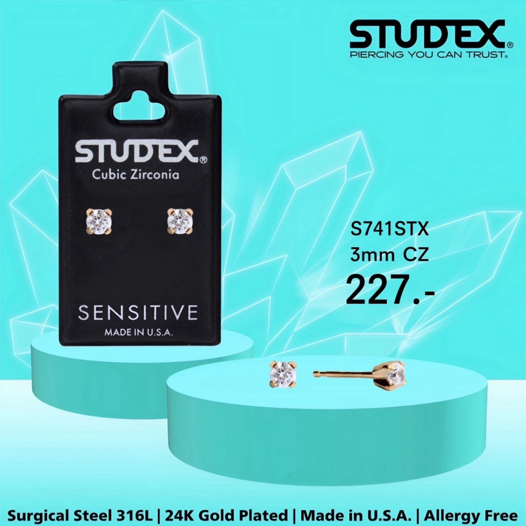 STUDEX S741STX ต่างหูแฟชั่นสำหรับหูแพ้ง่าย เคลือบทอง 24K 3MM CZ