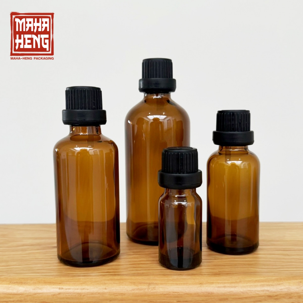 ขวดน้ำมันหอมระเหย ขวดอโรม่าออย ขวดแก้วสีชาหัวหยด 5/10/15/20/30/50/100ml พร้อมจัดส่ง มหาเฮง บรรจุภัณฑ์