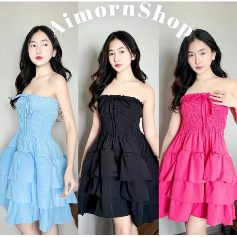 aimorn_shop เดรสเกาะอก สม็อครอบตัว แต่งโบว์หน้าอก สามารถใส่แบบผูกคล้องคอได้ ดีไซน์น่ารักมากๆๆ สายคาเฟ่ต้องมี