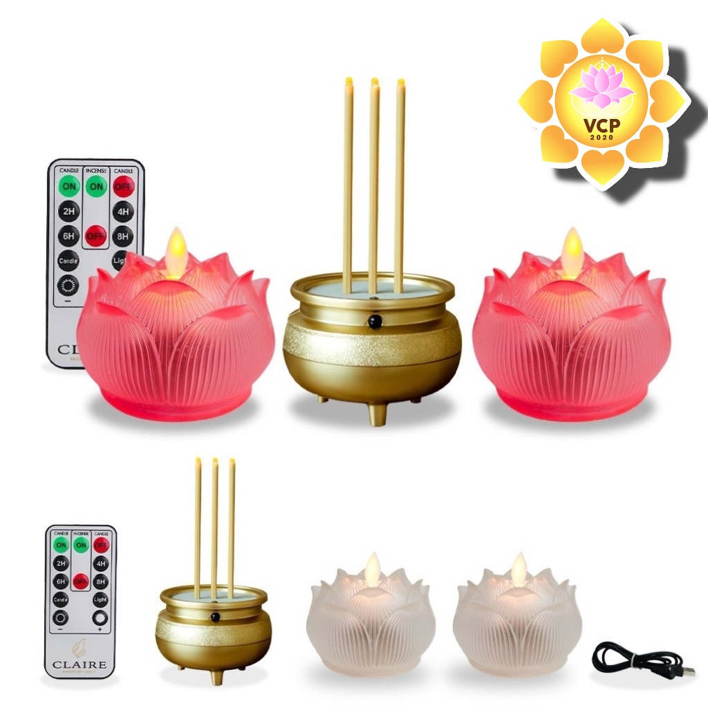 ธูปเทียนไฟฟ้า LED(คู่) (Claire) (กระถางธูปMini + เทียนดอกบัวแก้วแบบชาร์จ(คู่))