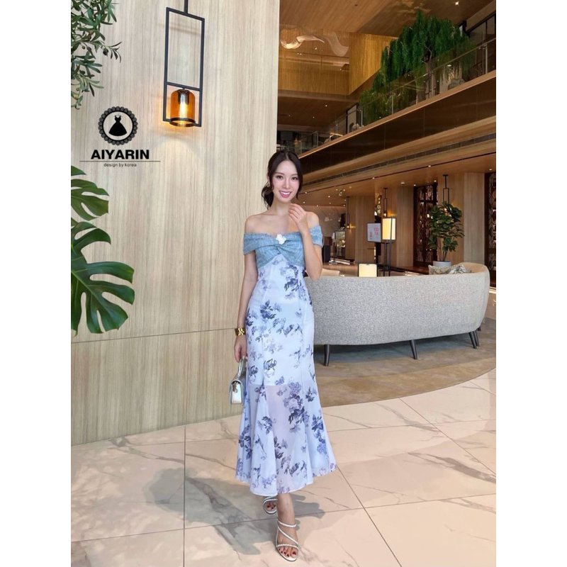 เดรสออกงาน เดรสยาว ปาดไหล่ สีม่วง สวยหรู งานป้าย aiyarin