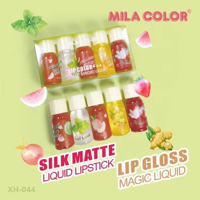 MILA COLOR 5IN1 Silky Matte Liquid LipGloss เซตลิปสติกลิปออยล์ สีเด่นชัด เติมเต็มร่องปากอวบอิ่ม