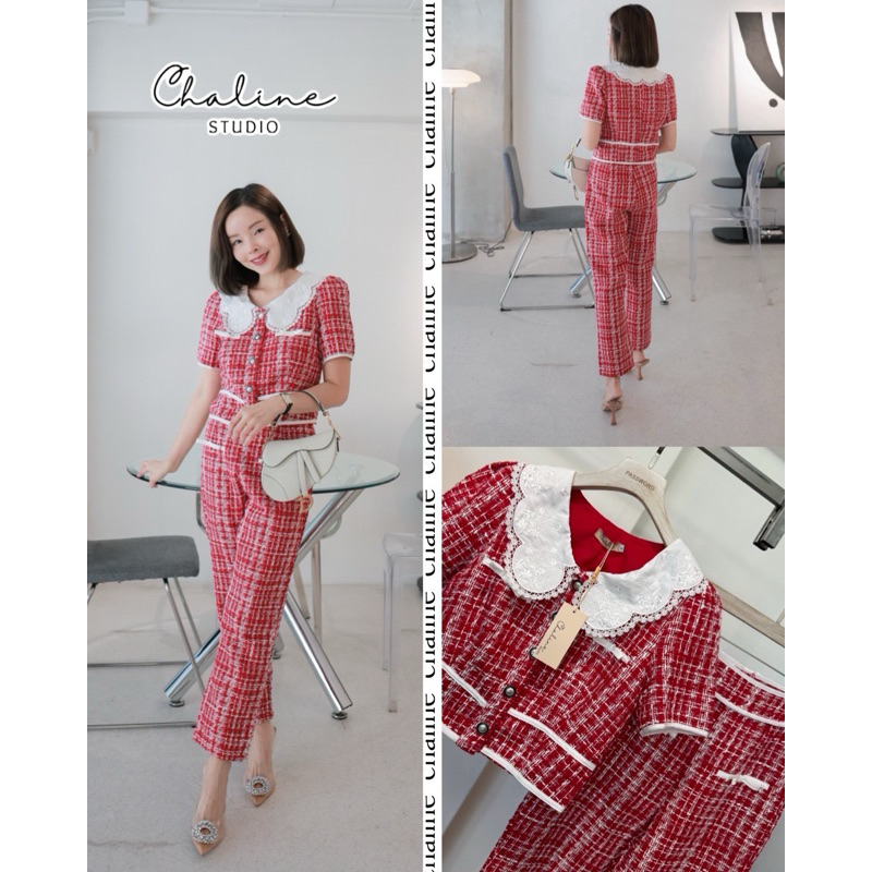 Chaline Studio set2pcs. งานเซทผ้าทวิตญี่ปุ่นเข้าใหม่ค่า ทอเส้นสีแดงสลับขาวในเนื้อผ้า ตัวเสื้อแต่งคอปกขาวฉลุ
