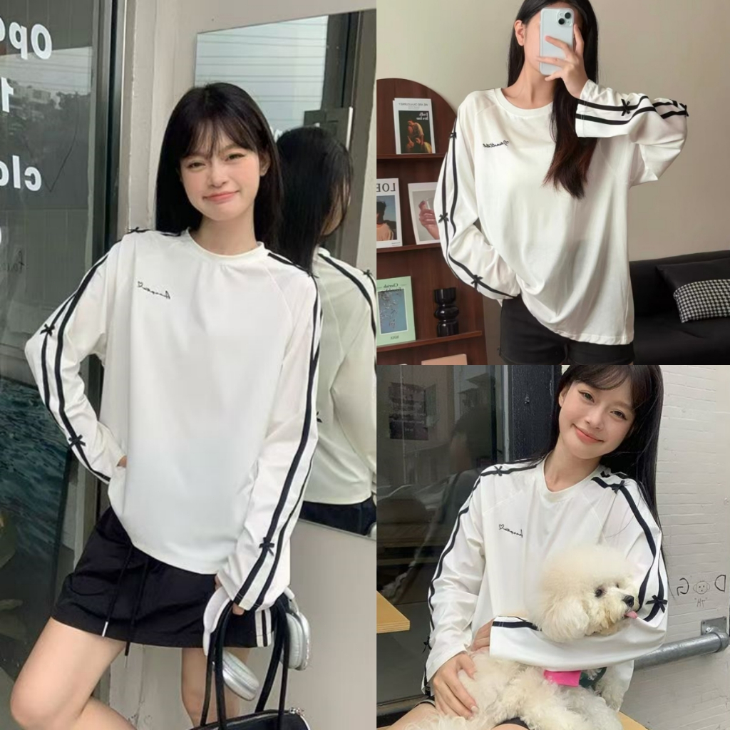 Beryl 🌻 เสื้อยืดแขนยาวเย็บลายโบว์สำหรับผู้หญิงปี ใหม่เสื้อลำลองหลวมหวานหวาน