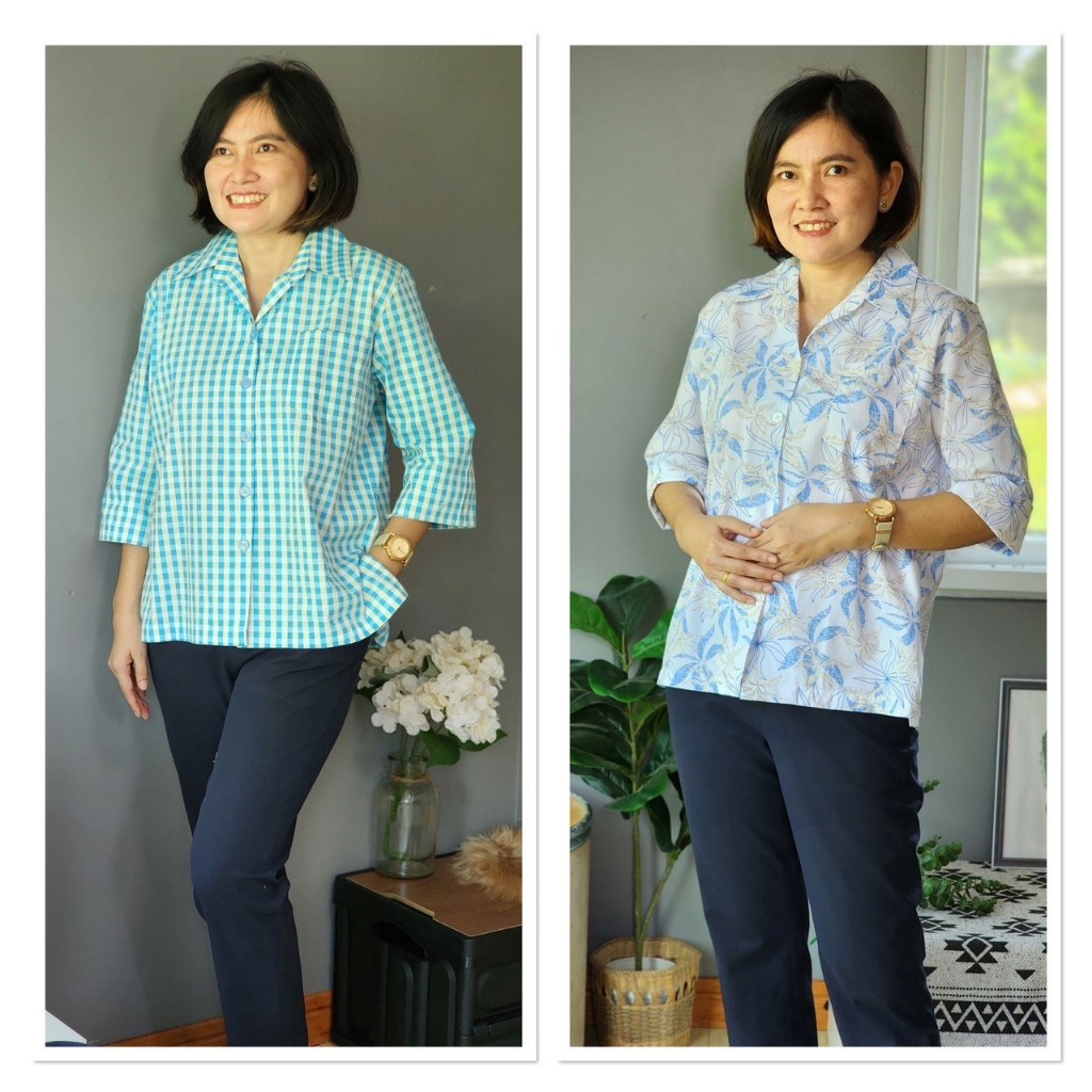 Tissara Boutique ทิศราเสื้อเชิ้ตผู้หญิง แขนสามส่วน เอวตรง ผ้าคอตตอน 100% โทนสีฟ้า
