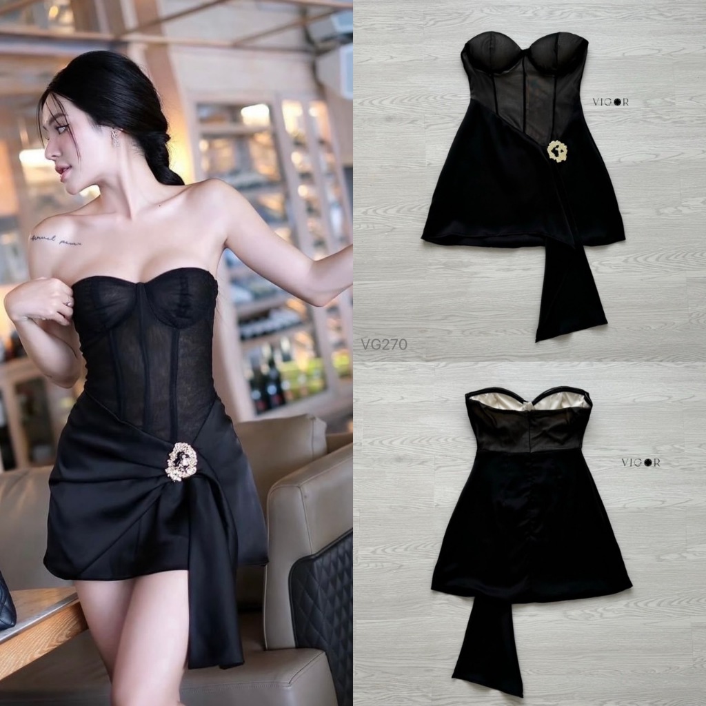 VIGOR ชุดเดรสเกาะอก กระโปรงสั้นมีระบาย-BLACK(*สอบถามสต๊อกก่อนกดสั่งน๊า)