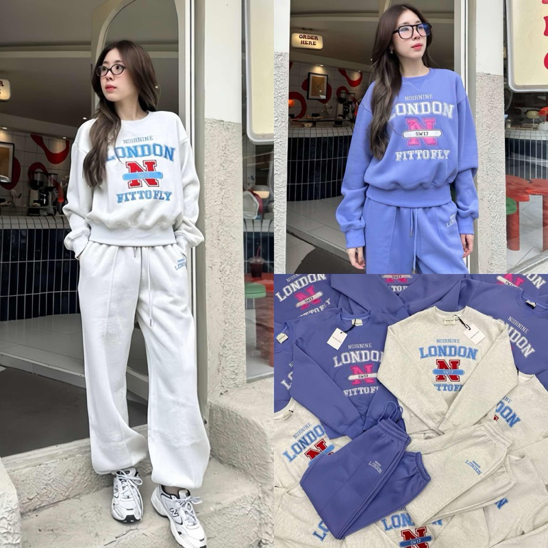 LONDON set ชุดเซ็ทสปอร์ตสุดคิ้วท์ งานชนช็อปเกาหลีเลยค่า เสื้อสเวตเตอร์คอกลมแขนยาว