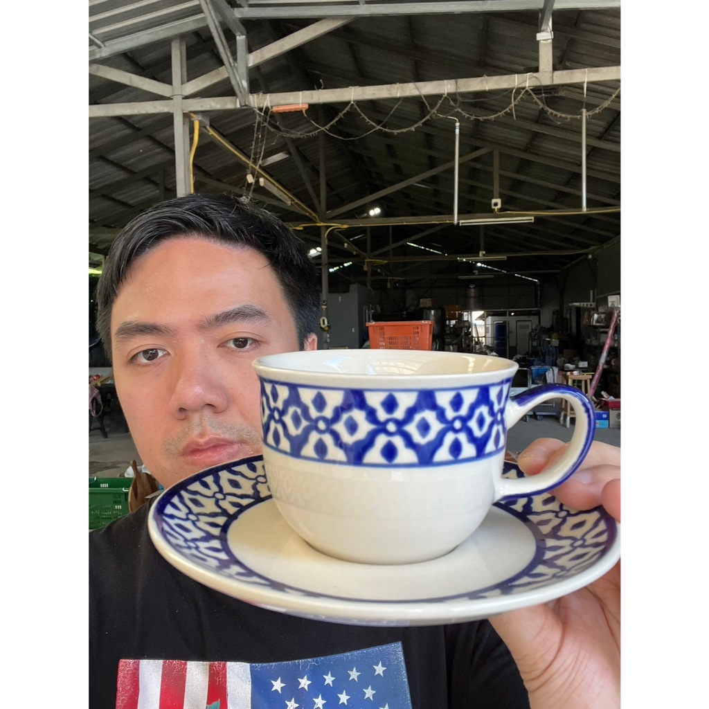 แก้วกาแฟเซรามิค ชุดกาแฟพร้อมจานรอง ลายไทยสัปปะรด สีฟ้าคราม ขนาด 3.5x2.5นิ้ว ขนาด 200ml หรือ 6.76oz ออกใบกำกับภาษีได้