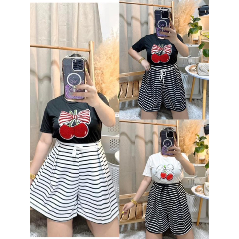 802 ชุดเซตสาวอวบปักเชอรี่ เสื้อ+กางเกงลายริ้ว