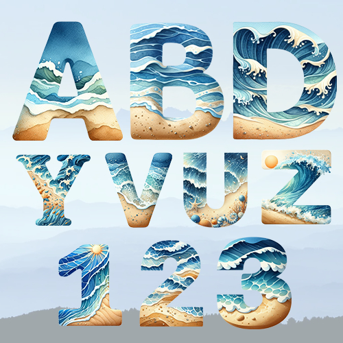ตัวรีดติดเสื้ออักษร   A - Z และตัวเลข F.46 ฟ้อนต์คลื่นทะเลสีฟ้า  รีดง่ายรีดติดทุกเนื้อผ้า