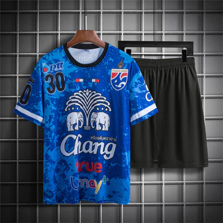 🔥สินค้าพร้อมส่ง🔥เสื้อยืด+กางเกงขาสั้น ชุดกีฬาผู้ชา ชุดกีฬา ชุดฟุตบอล + ธงLogoช้าง ชุดกีฬา 2 ชิ้น