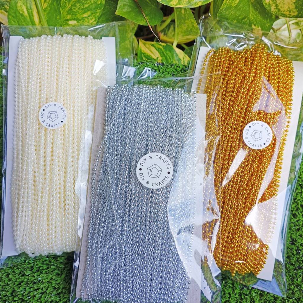ลูกปัดเส้น ขนาด 3 มิล มุกเส้น ยาว 45-50 หลา สีเงิน สีทอง และสีมุก ตกแต่งงานเหรียญโปรยทาน
