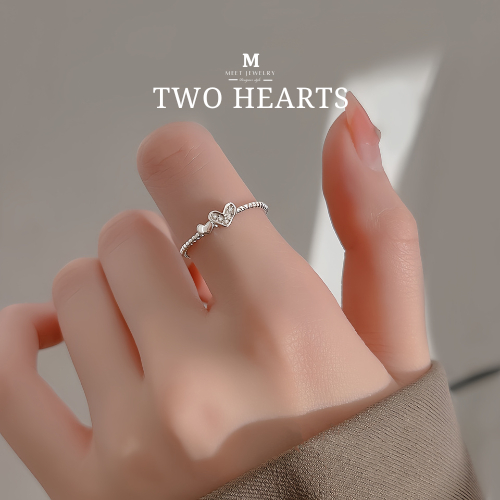 MEET💕แหวนเงินแท้ Two hearts แหวนผู้หญิง แหวนเงินแท้ แหวนปรับขนาดได้ แหวนเรียบหรู