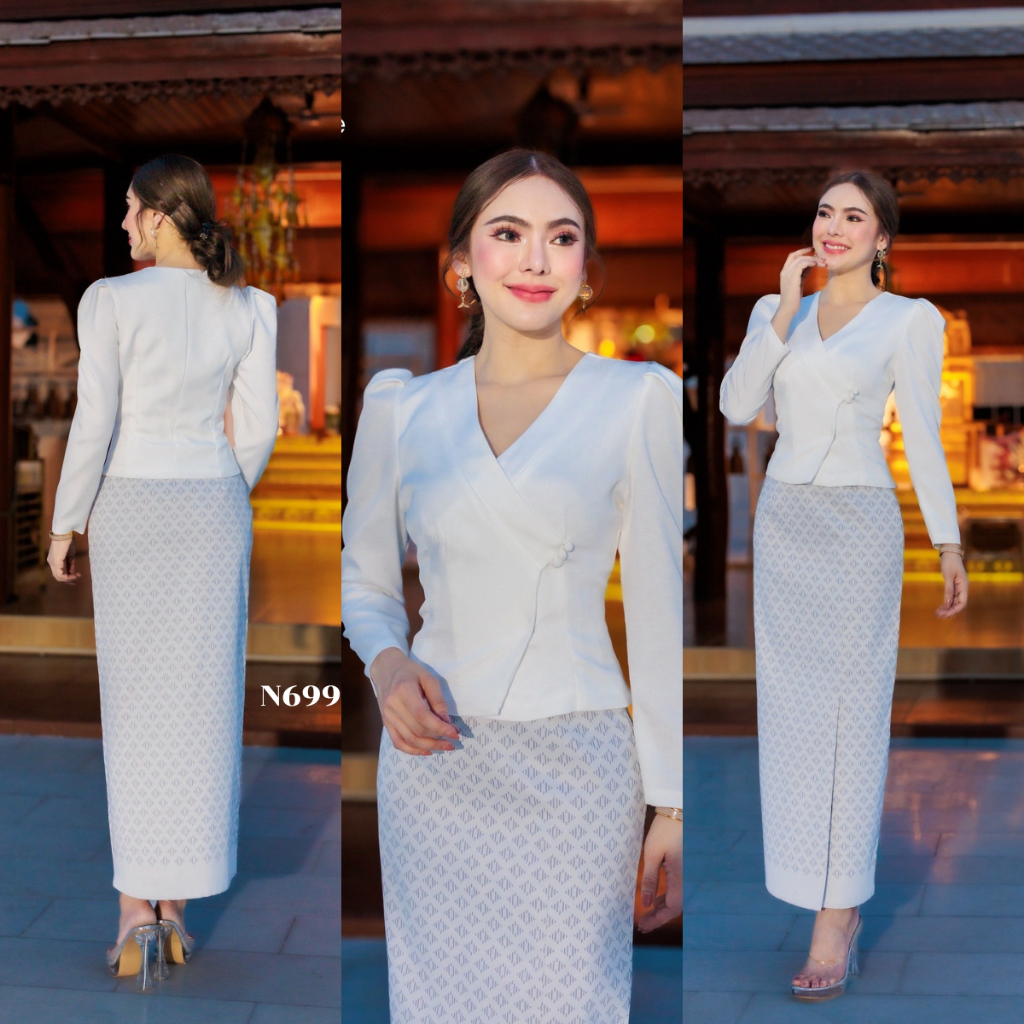 เซตคิมเบอรี่ เสื้อไหมญี่ปุ่นแขนยาว กระดุมหน้าใช้ได้จริง งานอัดกาว กระโปรงผ้าฝ้ายทอลาย อัดกาว ซิปซ่อนข้าง (S-2XL) KS699