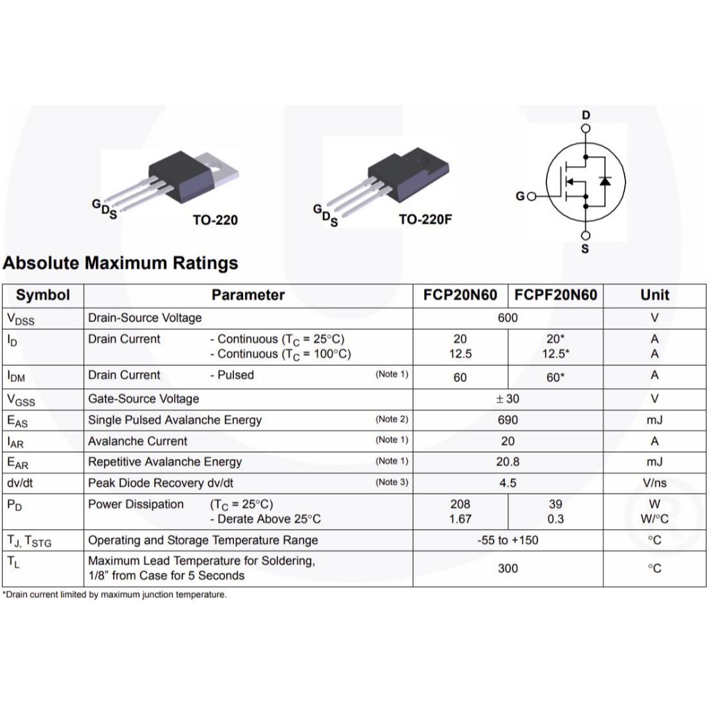 มอสเฟต FCP20N60-T FCP20N60 (จำนวน 10ชิ้น) 600V 20A 208W TO-220 ONSEMI / FAIRCHILD ของแท้