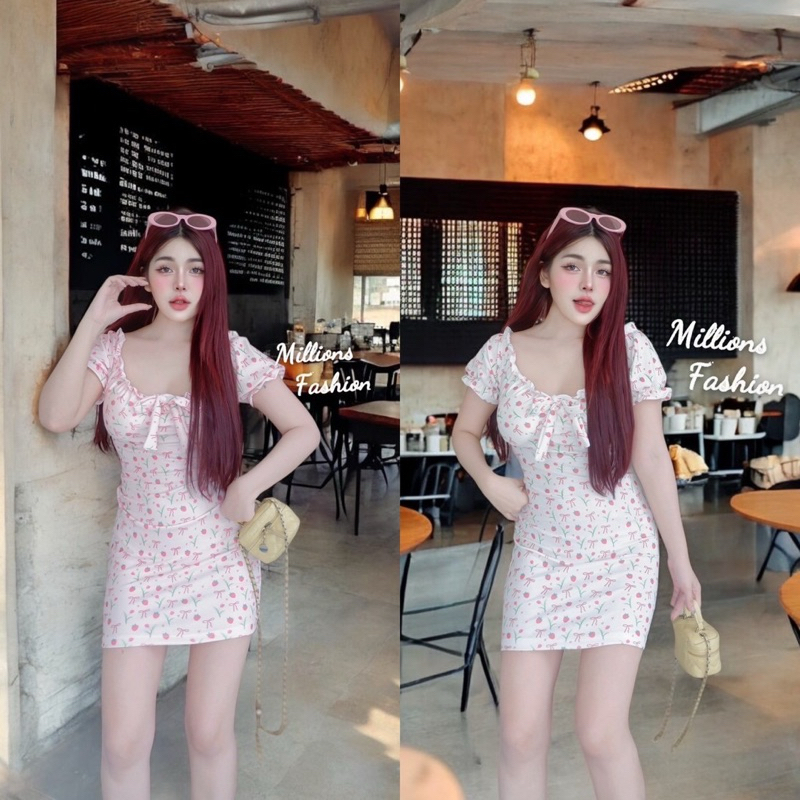 Kaidee99 ชุดเดรส แขนตุ๊กตา มัด โบว์หน้า ผ้าร่อง ลาย โบว์ สตอเบอรี่ เสริมฟองน้ำในตัว ผ้าเด้งนุ่ม ใส่สบาย สวยน่ารักมากค่ะ