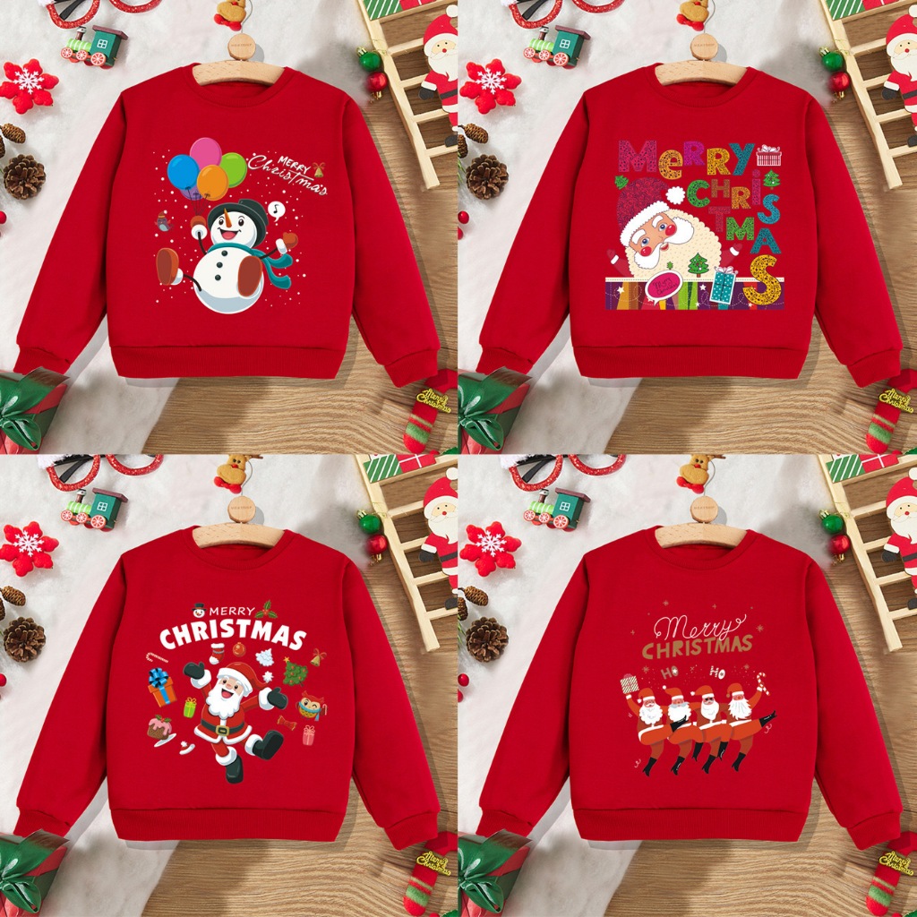 Merrychristmassweater เสื้อกันหนาวเด็กลายการ์ตูนแขนยาวสีแดงน่ารักซานตาคลอสตุ๊กตาหิมะกวางกวางคริสต์มาส