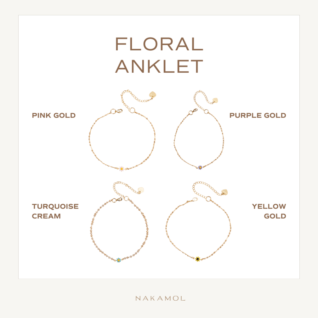NAKAMOL – FLORAL GOLD ANKLET สร้อยข้อเท้าสีทองจี้ดอกไม้ ราคา ถูกที่สุด ดีลบีเคเค