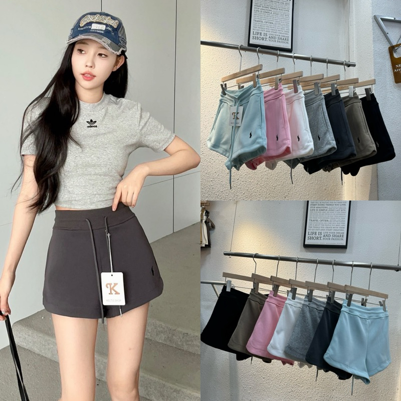 Gang_jeans#1029(K)กางเกงขาสั้นปัก โลโก้ Polo ขอบเอวเรียบมีเชือกผูกหน้า