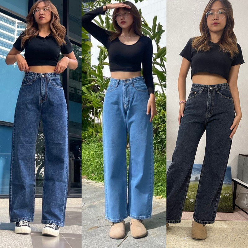 Q-Jeans l กางเกงยีนส์ ขากระบอกกลาง เอวสูง ผ้าเนื้อดี ทรงสวยกระชับ