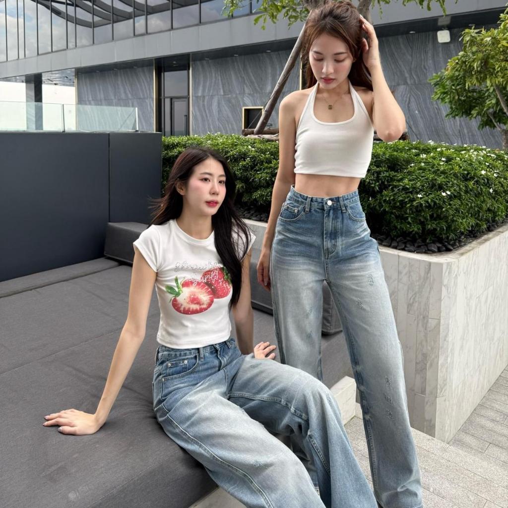PP5606 กางเกงยีนส์ ขายาว แต่งสะกิดทั้งตัว (ผ้าไม่ยืด) - Clothing, Jean