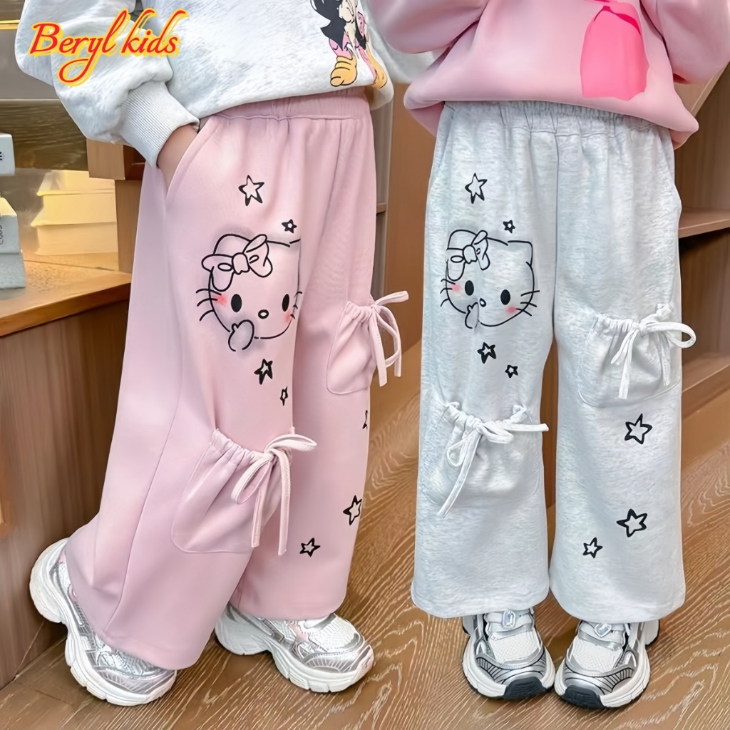 Beryl kids กางเกงขายาวเด็กหญิง กางเกงลําลองเด็ก ขากว้าง พิมพ์ลายแมวน่ารัก ผ้านุ่มสบายๆ แบบบาง งานดี สไตล์เกาหลี