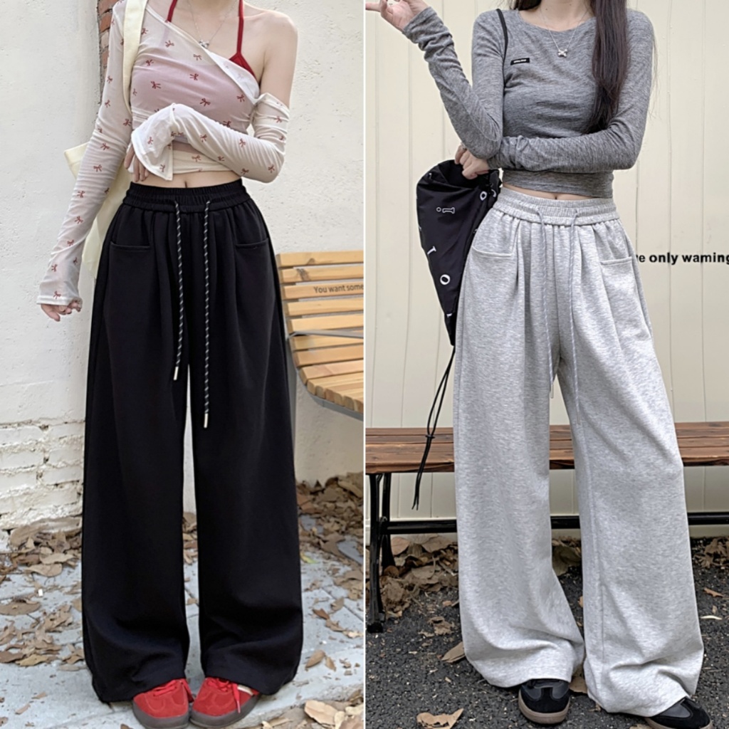 cherryshop พร้อมส่ง กางเกงกีฬาขากว้างเอวสูงสไตล์เกาหลีลำลองสำหรับผู้หญิง ทรงตรงพอดี เอวยางยืดมีเชือกผูก ผ้าใส่สบาย