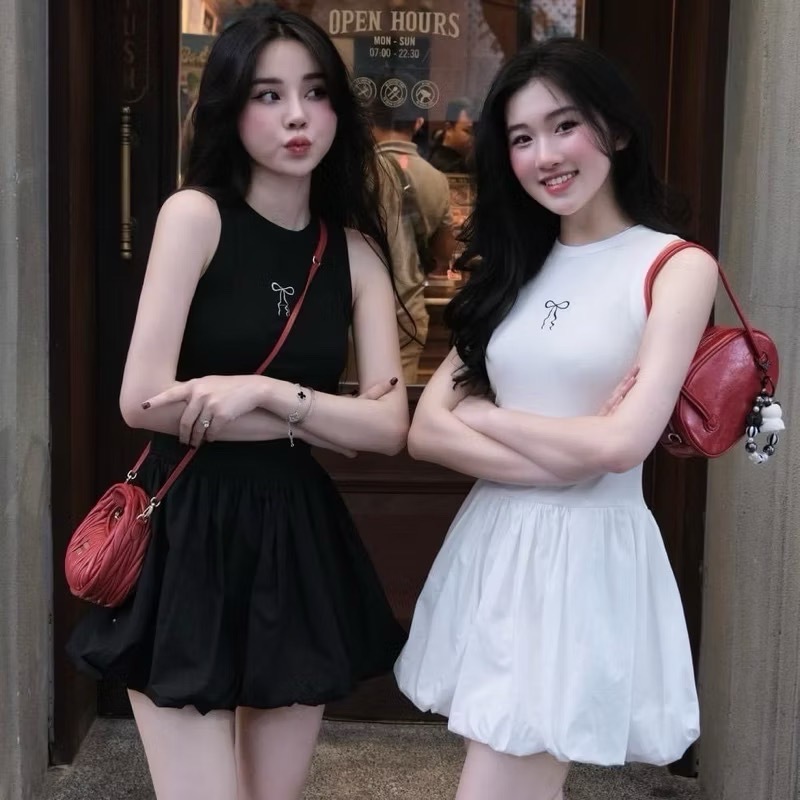 เดรสกระโปรงทรงฟักทอง ปักริบบิ้นที่อก กระโปรงมีซับใน พร้อมรูปถ่ายจริง เดรสบอลลูน