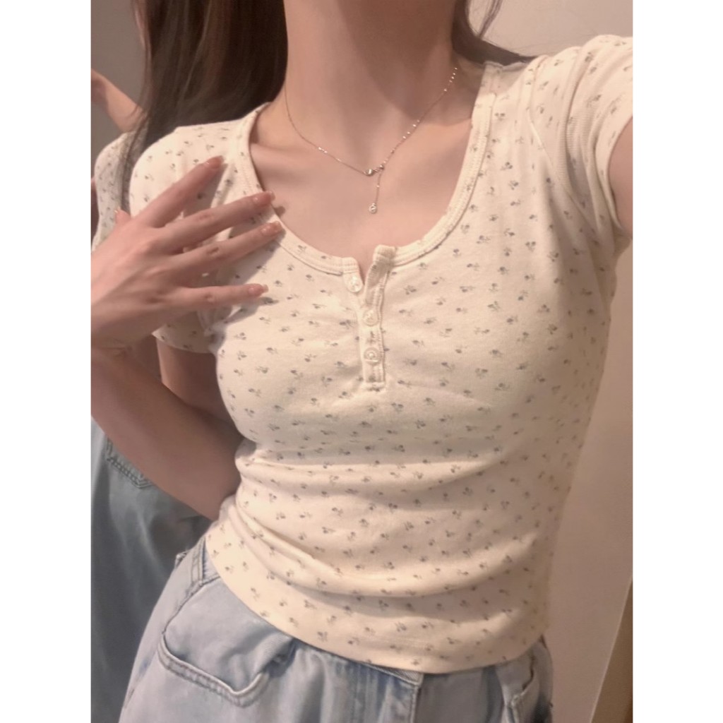 เสื้อยืด เสื้อยืดเเขนสั้น สไตล์เกาหลี ลายดอกไม้ คอกลม สีสวย #152265