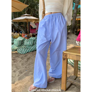 🥰กางเกงสตรีลายทาง กางเกงลำลอง กางเกงขายาวทรงหลวม ผ้าใส่สบาย มีเชือกผูกเอวสูง มี 3 สี