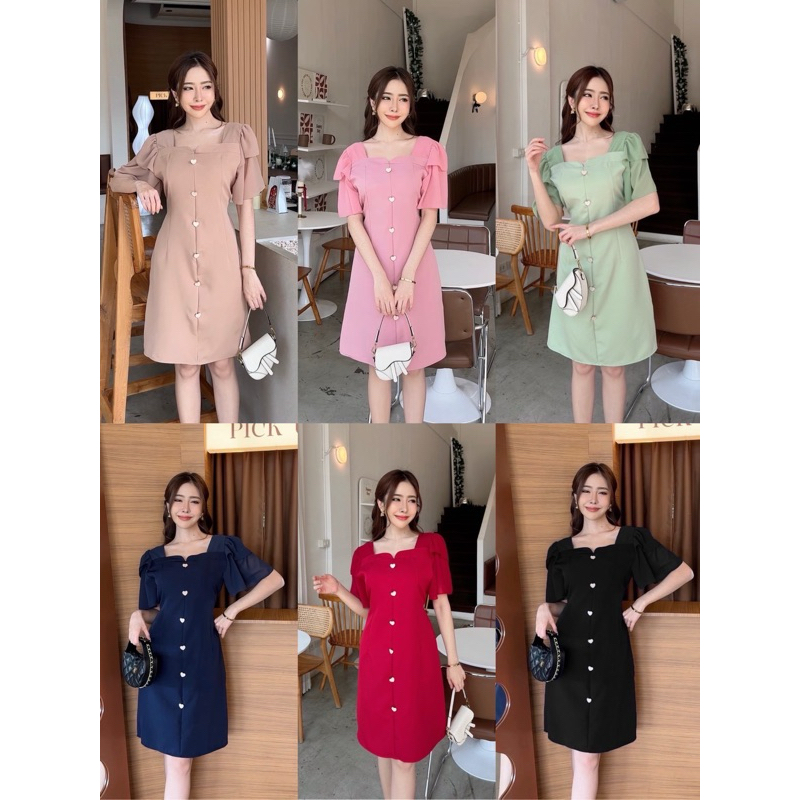 Diana dress เดรสออกงาน ทำงานกระดุมหัวใจแขนชีฟอง ป้าย VERA