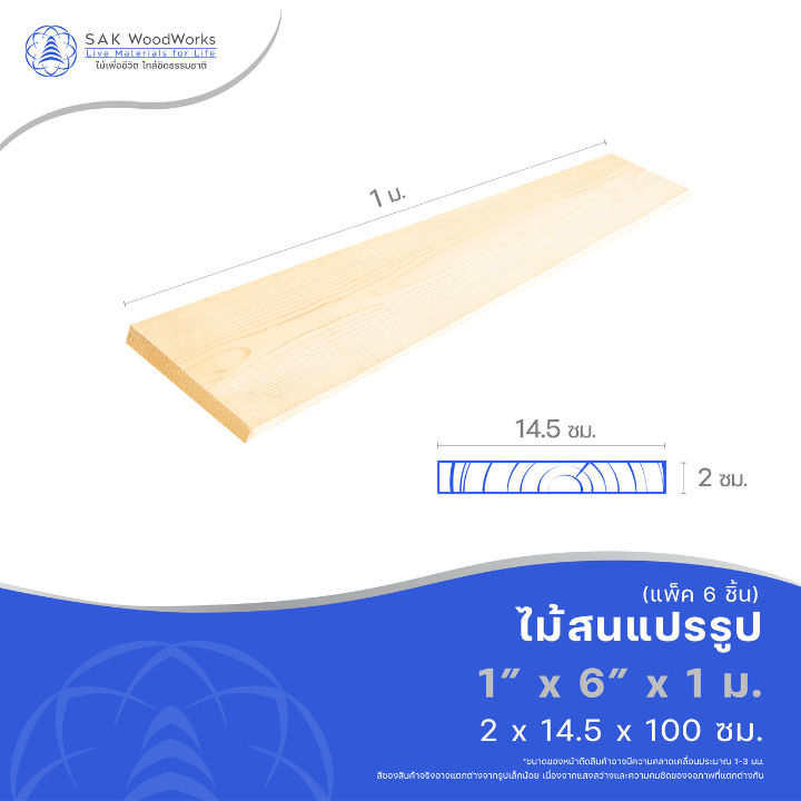 ไม้แปรรูปสนรัสเซีย ไสและขัด (Timber) ไม้สน ขนาด 2ซม. × 14.5ซม. × 1ม. แพ็ค 6 ชิ้น ไม้จริง ทำท็อปโต๊ะ กระดาน SAK WoodWorks