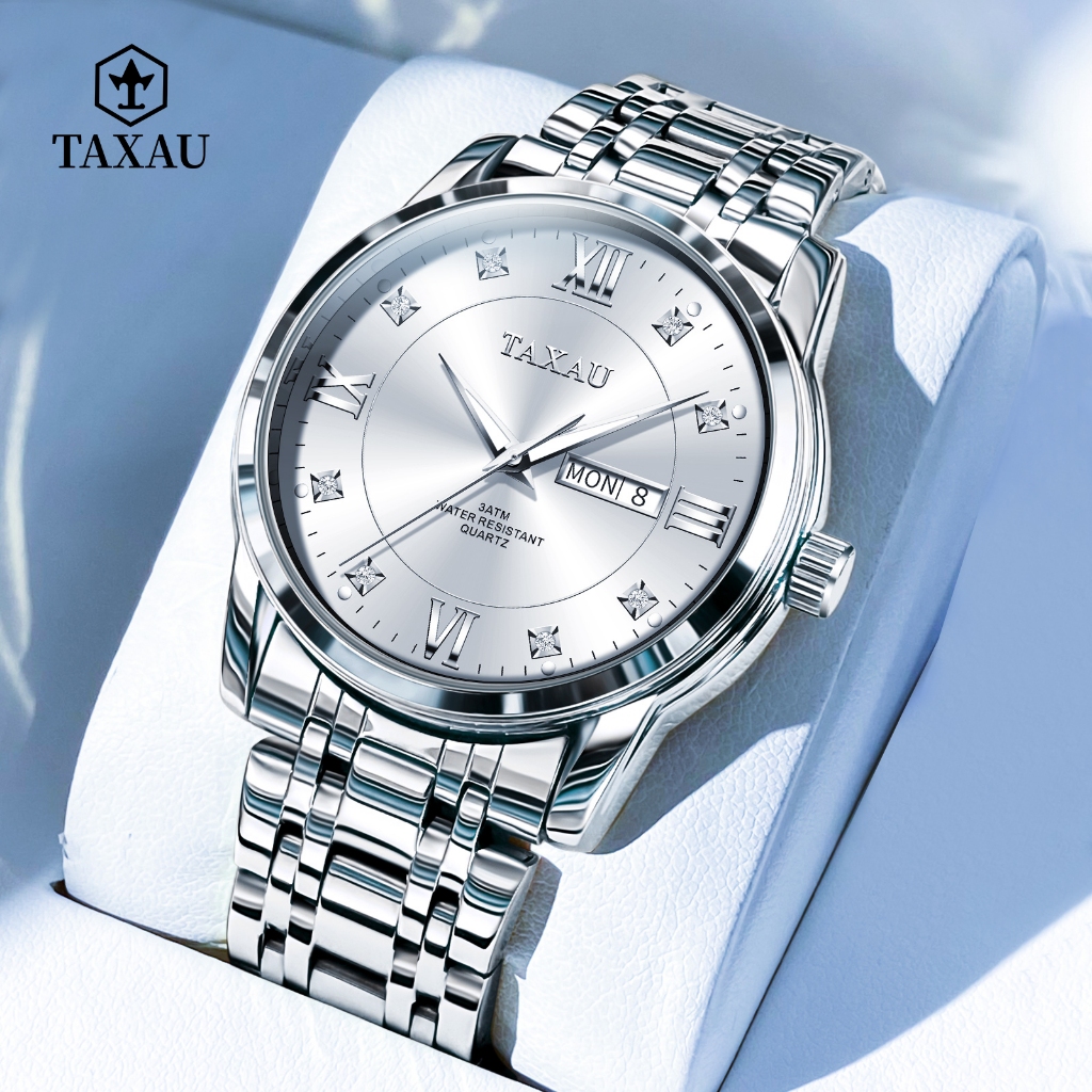 TAXAU นาฬิกาผู้ชายแท้ กันน้ำ100% แบรนด์ดัง สไตล์ แฟชั่น ควอตซ์ สแตนเลสสตีล มีไฟส่องสว่าง รุ่น 8401