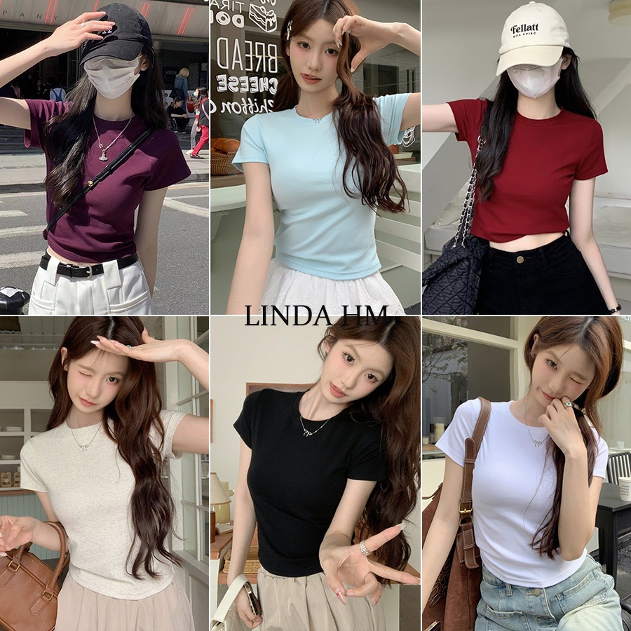 พร้อมส่งจากกทม✨เสื้อยืดสีขาวผู้หญิง/แขนสั้นรอบคอ สีพื้น ทรงสลิมฟิต แฟชั่นเกาหลีย้อนยุค มีหลายสี