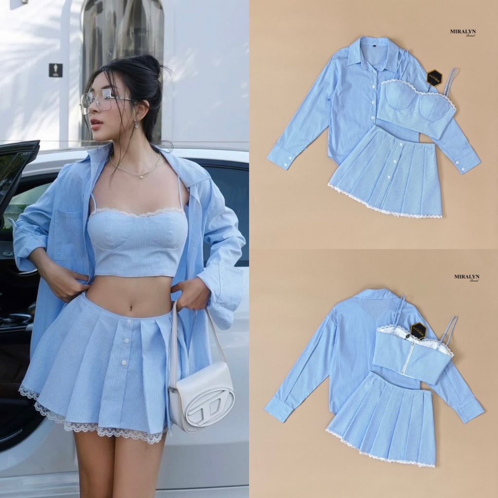 Miralyn Set 3 ชิ้น เสื้อคอปกแขนยาวลายริ้ว**สีฟ้า(*สอบถามสต๊อกก่อนกดสั่งน๊า)