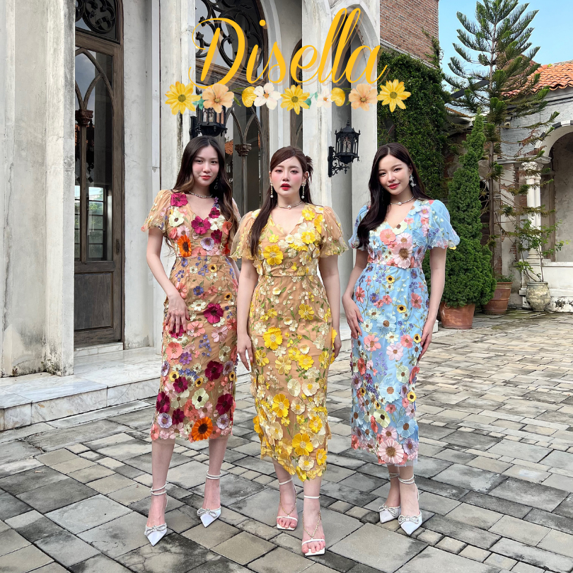 SEOULMATE DISELLA #SM9130 เดรสยาวตาข่ายดอกไม้3D แขนสั้นคอวี