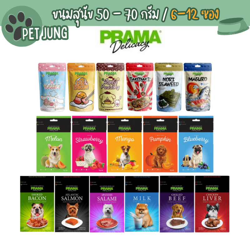 [6/12 ซอง] Prama พราม่า ขนมสุนัข Dog Snack ผลิตจากเนื้อไก่แท้ 50 - 70 กรัม ครบรส!!!