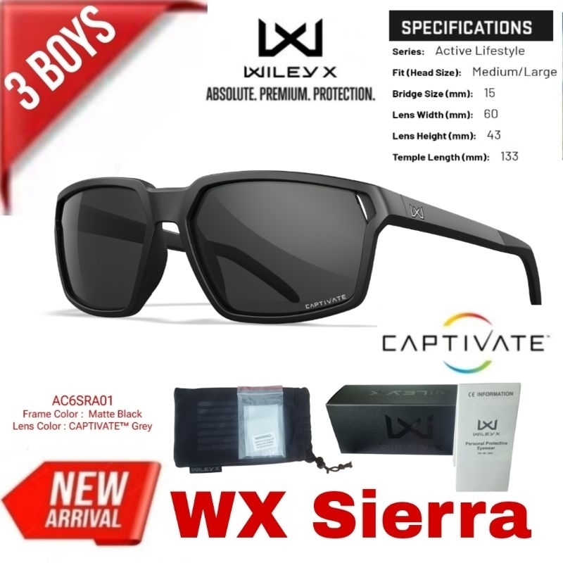 แว่นตา Wiley X รุ่น Sierra AC6SRA01 Frame ColorMatte Black / Lens CAPTIVATE™ Grey แว่นตากันสะเก็ด แองาน Safety ของแท้