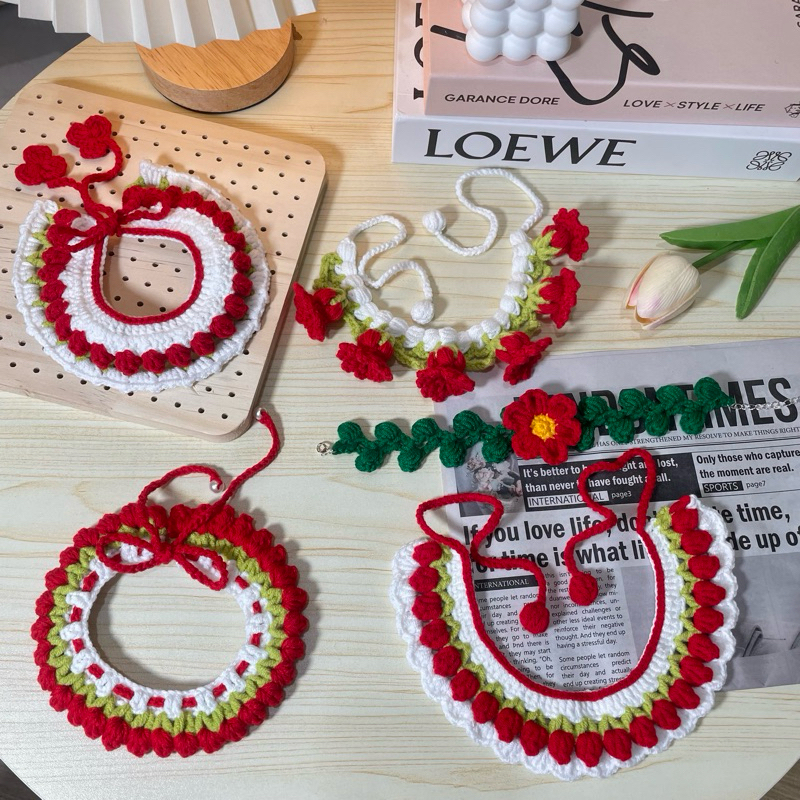 Red ปลอกคอแมว ปลอกคอสัตว์เลี้ยง Handmade