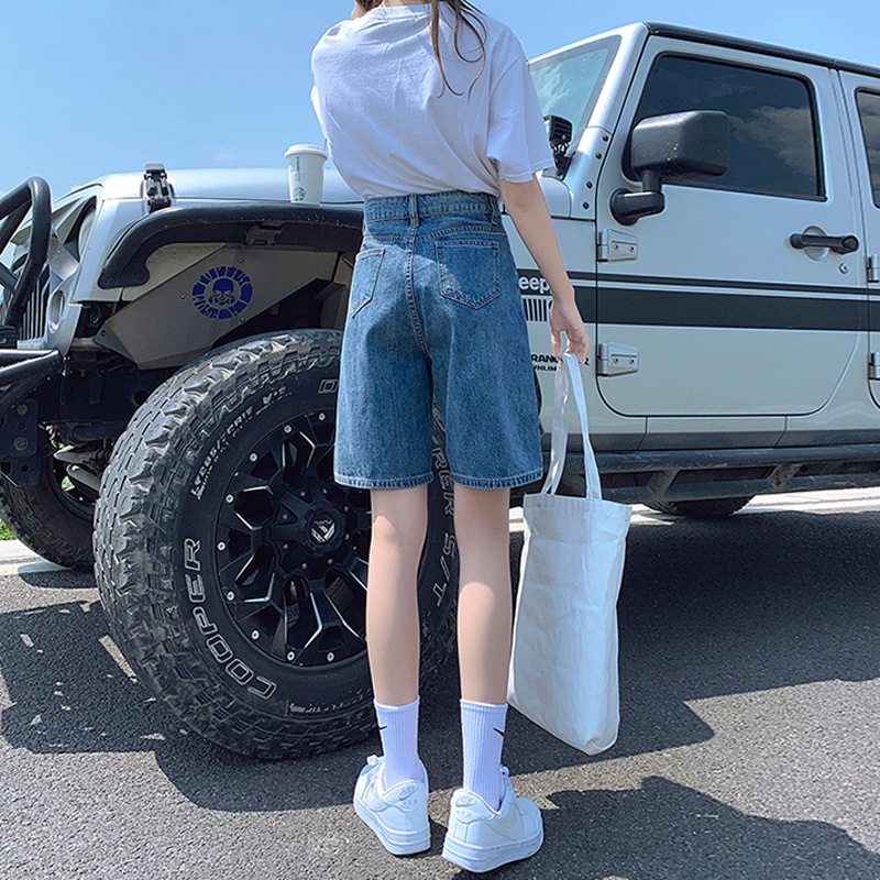 Weandall Jeans น้ำเงินอ่อน กางเกงยีนส์ขาสั้นผู้ชาย เอวยางยืด