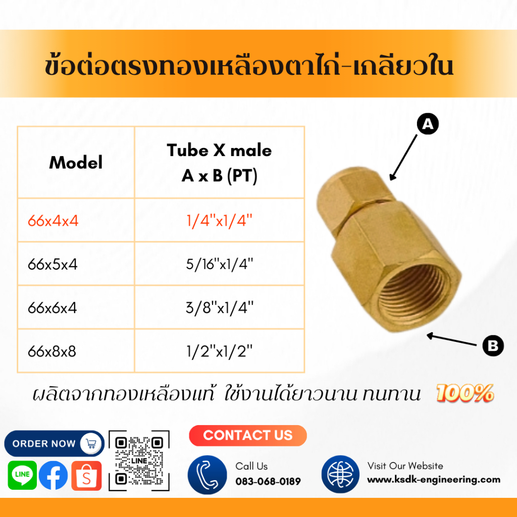 ข้อต่อตรงทองเหลืองตาไก่-เกลียวใน