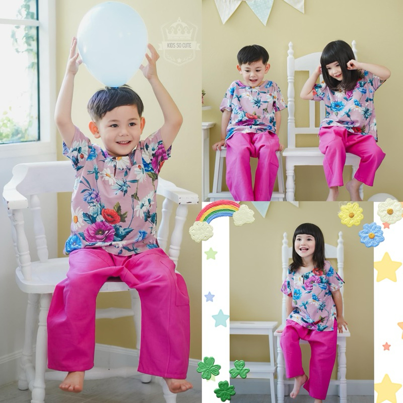 ชุดลำลองผ้าไทยดอกชมพูกางเกงชมพูA