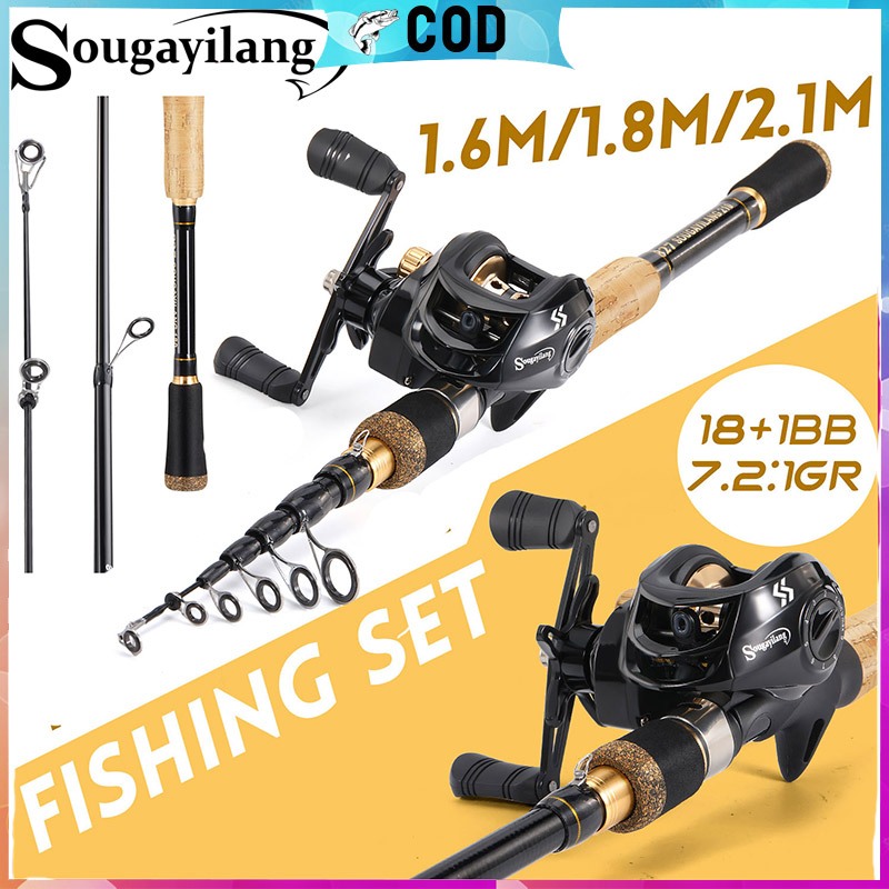 Sougayilang 1.6M / 1.8M / 2.1M หล่อก้านม้วนชุดก้านประมงโทรทรรศน์ + 7.2: 1 อัตราส่วนเกียร์ Baitcasting ม้วนประมงสำหรับน้ำ