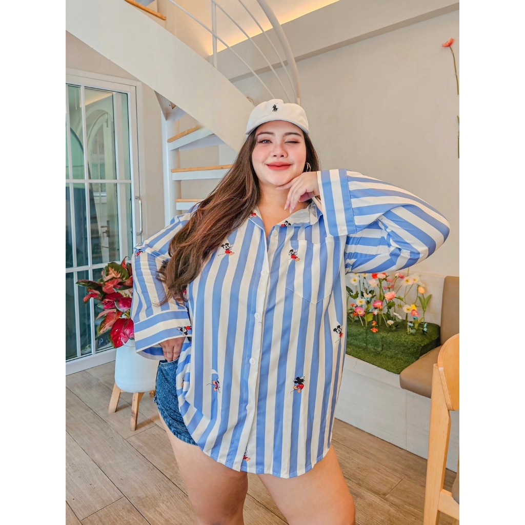 เสื้อเชิ้ต แขนยาว ลายริ้วใหญ่ ลาย MK ไซซ์ 40"-60"