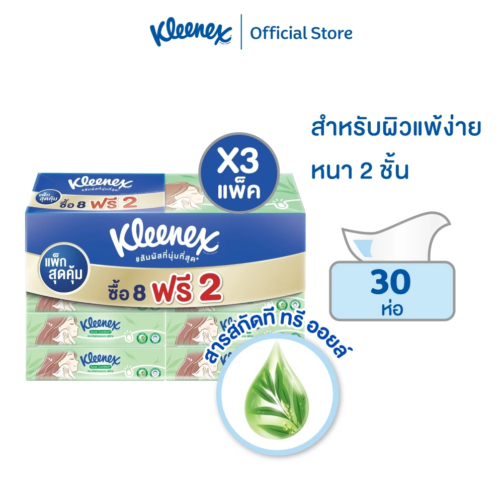 กระดาษเช็ดหน้าคลีเน็กซ์แอคแน่ คอมฟอร์ท ซอฟท์เคส แพ็ก 8 +2 ห่อ Kleenex® Acne Comfort Soft Box 80 sheets 8+2 x3 แพ็ค