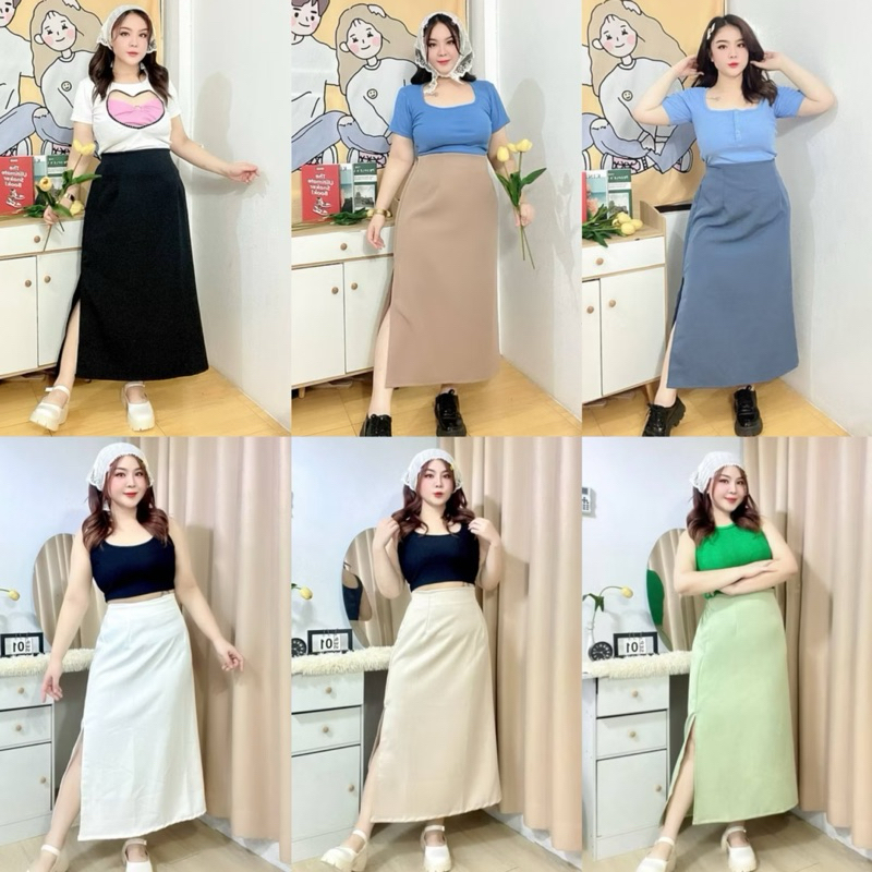 พร้อมจัดส่ง กระโปรงผ้าบาบี้ฟรีไซส์ยางสม๊อคหลัง ผ่าข้าง มีให้เลือก3ไซส์L-2xl