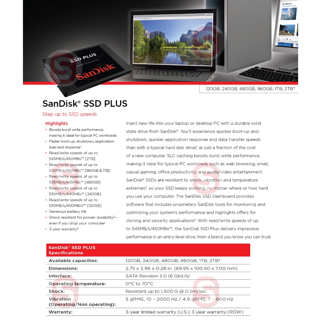SanDisk PLUS SSD 240GB , SDSSDA-240G,  SR530/SW440MB/s, ประกัน 3 ปี Solid State Drive เอสเอสดี