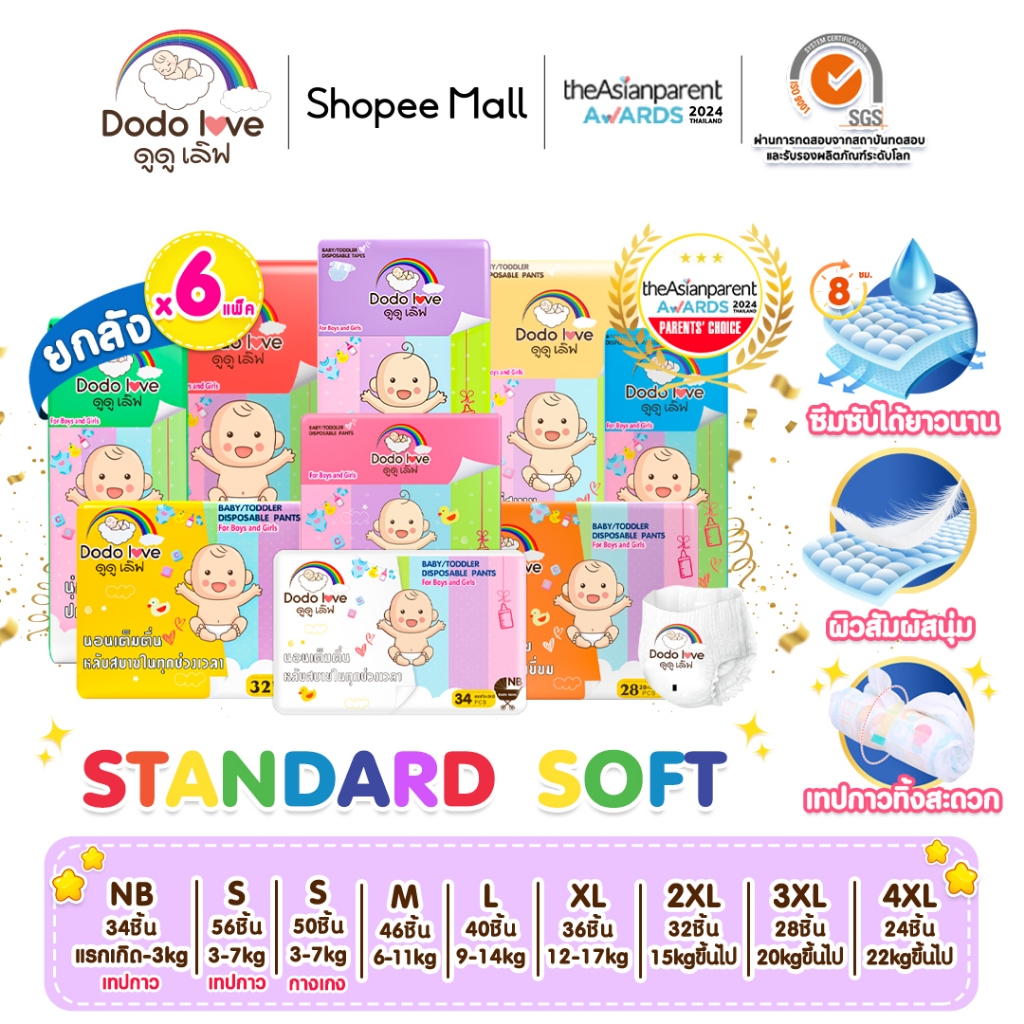 ยกลัง6 DODOLOVE Standard Soft กางเกงผ้าอ้อม ผ้าอ้อมสำเร็จรูป Size NB-4XL นุ่ม บางเบา มีโลเทปม้วนทิ้ง