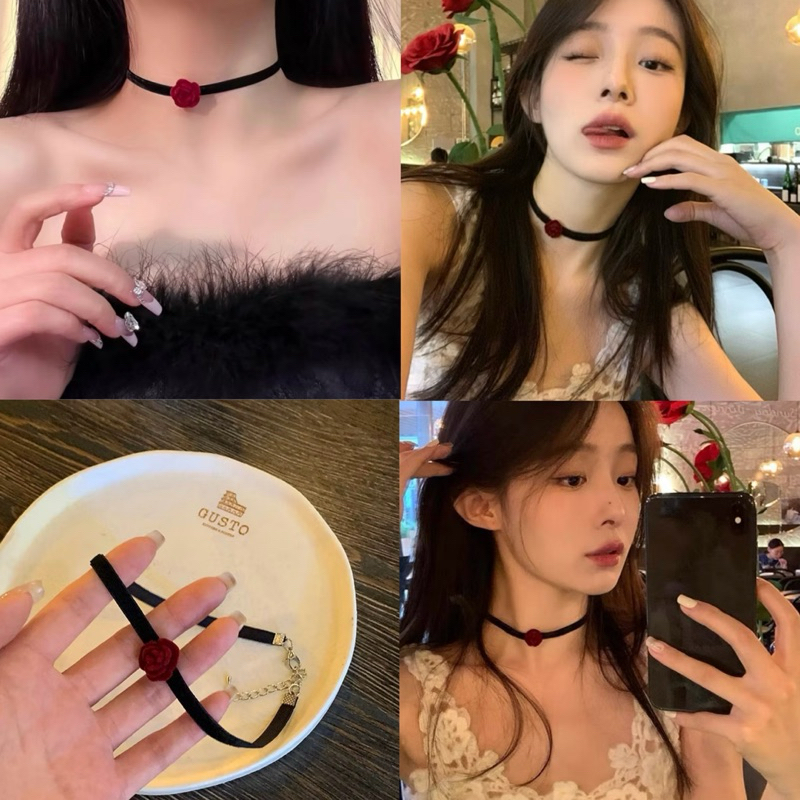 สร้อยคอโชคเกอร์ดอกกุหลาบสีแดงไวน์ สไตล์วินเทจ