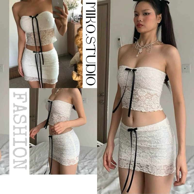 Mikoพร้อมส่ง ชุดเซต2ชิ้น ชุดเซ็กซี่ เสื้อเกาะอกลูกไม้+กระโปรงสั้นเอวสูงทรงรัดรูปแต่งโปว์ ชุดสีขาวสไตล์เวียดนาม ชุดไปทะเล